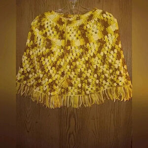 Vintage Hand Crafted Children's Poncho, Yellow Cream Beige, 9" collar 16" Length